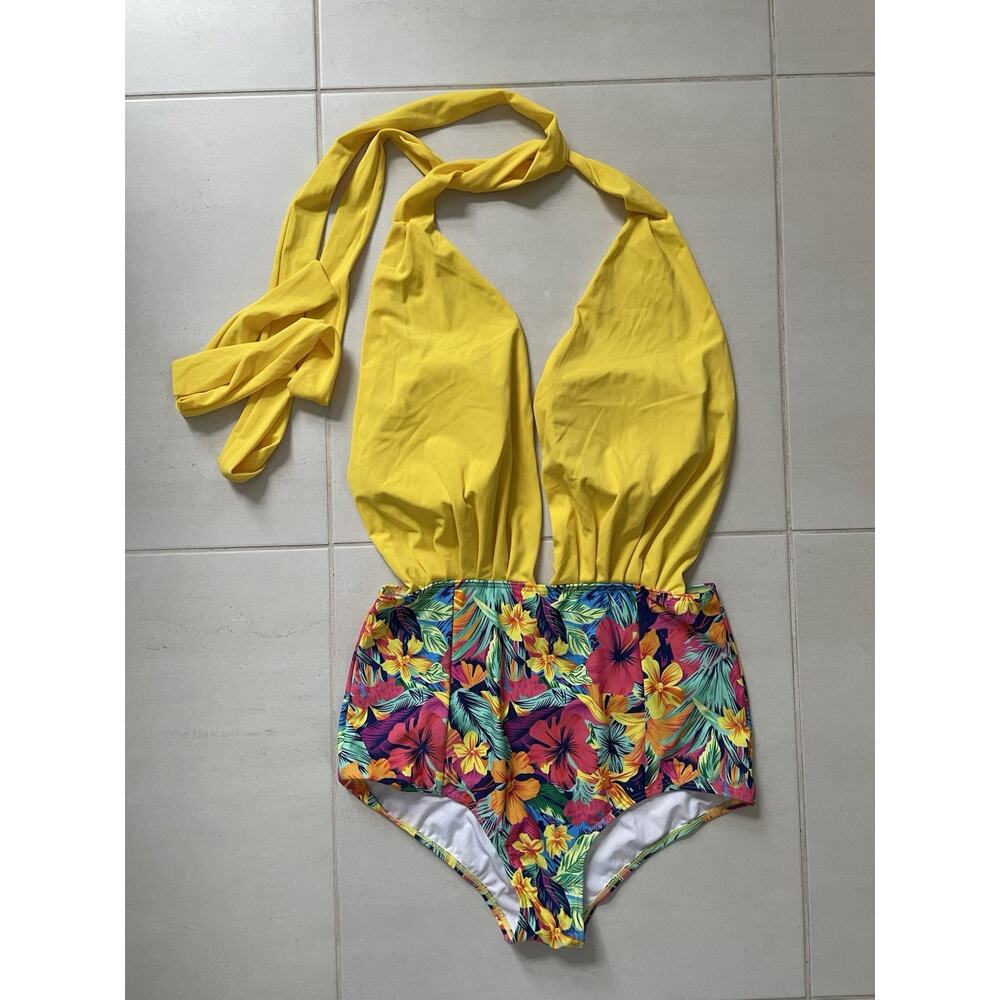 COCOSHIP Yellow Halter One-Piece with Tropical Floral Bottom